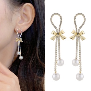 日韓新款珍珠蝴蝶結流蘇個性氣質長款時尚耳環