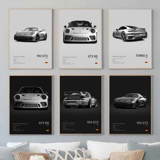 黑白德國豪華跑車海報牆藝術 911 GT3 RS Turbo 帆布繪畫圖片車庫客廳裝飾