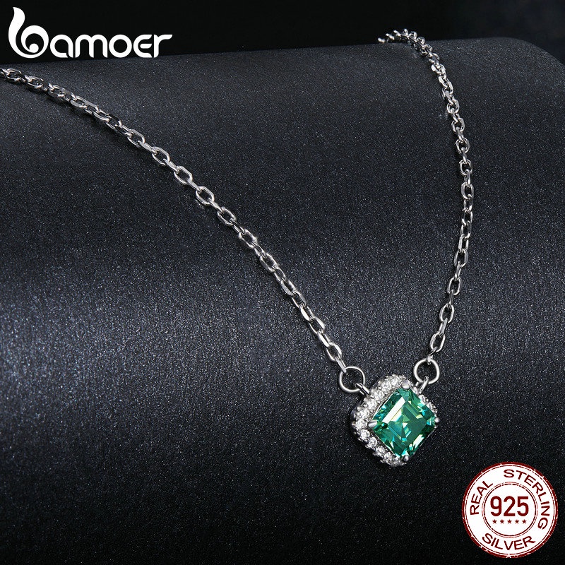 Bamoer 925 純銀項鍊 0.6CT 綠色方形莫桑石首飾女士禮物