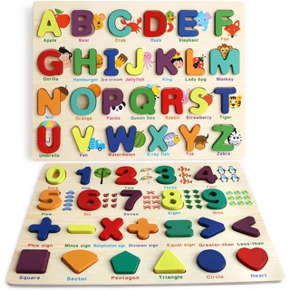 幼兒木製拼圖,2 件裝木製 ABC 字母數字形狀拼圖幼兒玩具適合 1-3 歲男孩和女孩,教育學前學習字母數字形狀玩具 1
