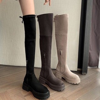 「臺灣現貨 隔日到貨」[666-shop]35-40碼5cm絨面秋冬百搭彈力過膝靴黑色杏裸色棕色顯瘦高筒厚底靴