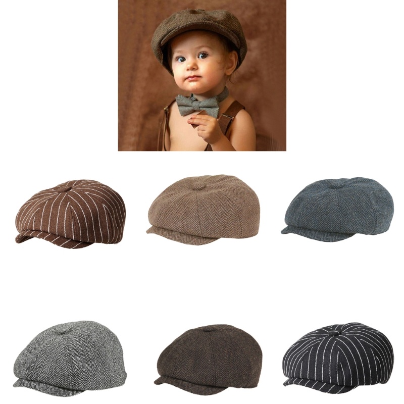 Selan 時尚兒童八角貝雷帽古典紙質男孩帽帶扭紋兒童