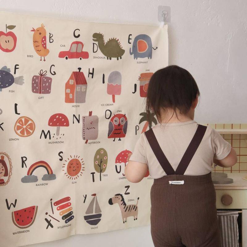 北歐風莫蘭迪背景布認字母水果背景布寶寶兒童認知掛布掛畫掛飾