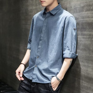 男士優質棉麻 3 4 袖時尚純色襯衫韓國復古休閒工作寬鬆上衣黑色/白色/卡其色/藍色/灰色