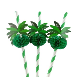 滿99台幣出貨 1 件裝可重複使用的綠色椰子樹蜂窩紙吸管食品級木漿材料 3D 椰子樹形狀兒童生日派對裝飾吸管