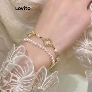 Lovito 女士休閒素色金屬珍珠手鍊 LFA06083 (金色)