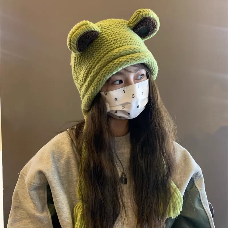 【Sharon】韓國可愛青蛙毛線帽子女秋冬季針織套頭帽護耳保暖防寒雷鋒帽學生