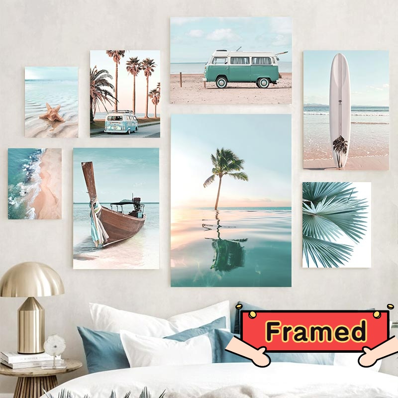 帶框北歐熱帶海洋衝浪板波浪帆布畫帶框架海灘棕櫚樹帆海報客廳牆壁藝術圖片裝飾