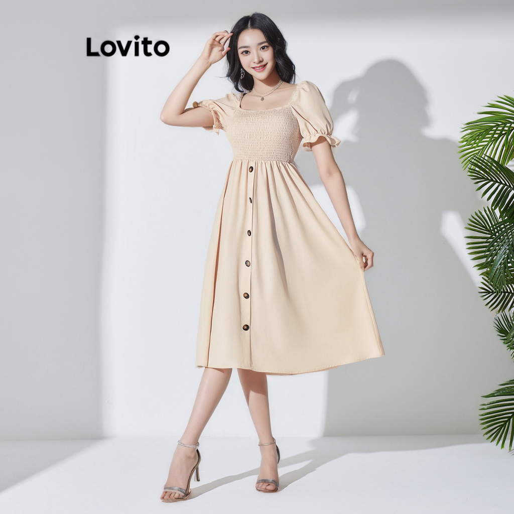 Lovito 女款休閒素色前紐帶縮褶連身裙 LBL07187