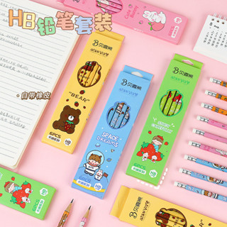 6 支裝 HB 木製鉛筆,帶橡皮擦,學生用可愛卡通圖案可愛