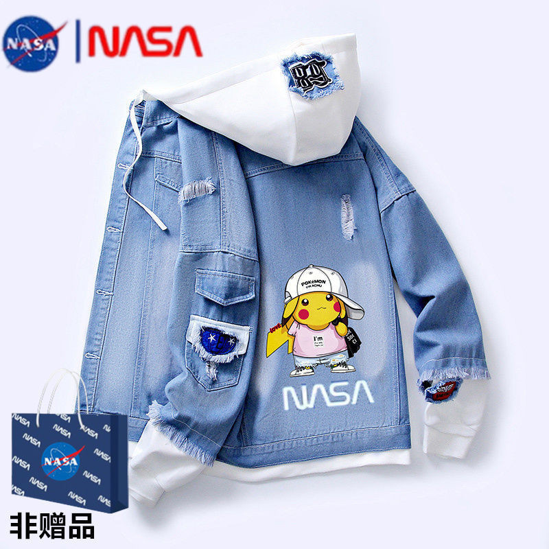 NASA聯名牛仔外套男春秋寬鬆潮流韓版潮牌新款皮卡丘男士休閒夾克上衣服