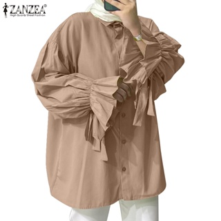 Zanzea 女士穆斯林落肩燈籠袖鬆緊袖口飾邊領帶荷葉邊襯衫