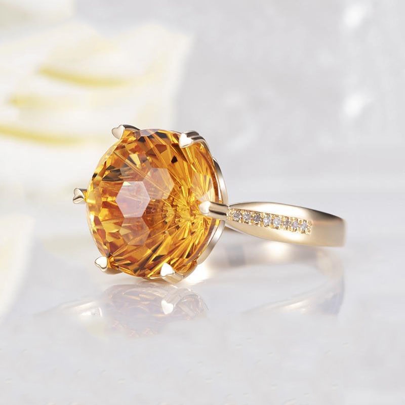 巴西天然黃水晶戒指女S925純銀玫瑰金鑲嵌鑽石黃色寶石指環氣質女