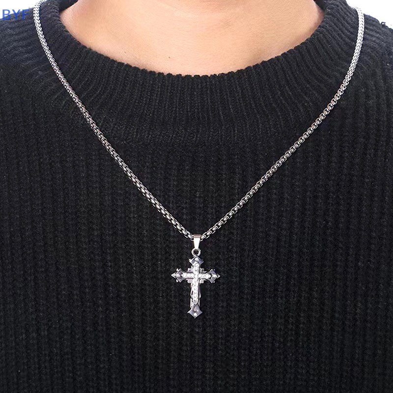 【BYF】時尚合金鑽石十字架項鍊男士個性嘻哈吊墜百搭男女衛衣鏈配飾