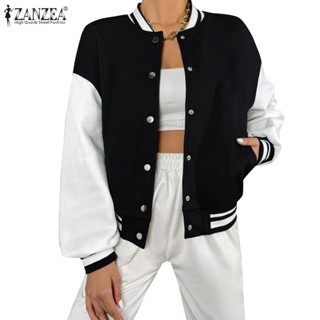 Zanzea 女式複古圓領長袖拼接條紋開襟鈕扣寬鬆夾克