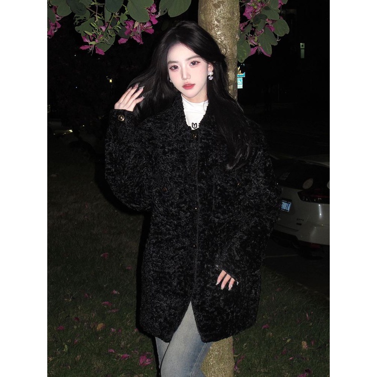 ✚日韓法式名媛高級感皮衣一件式黑色大衣女中長羔羊毛外套
