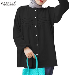 Zanzea 女士穆斯林圓領鬆緊袖口長袖褶飾襯衫