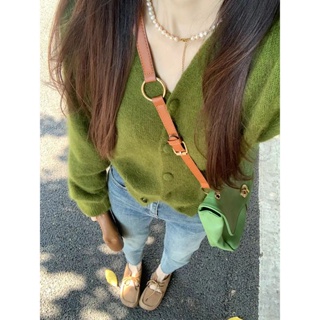 韓版簡約素色v領寬鬆小外套綠色毛衣女 學院風新款復古軟糯針織衫 ins風小個子外套時尚外穿上衣