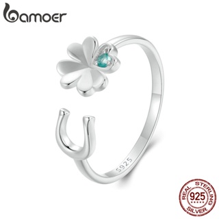 Bamoer 925 純銀戒指四葉草馬蹄形設計時尚首飾禮物女士