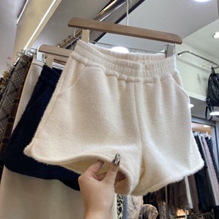 S-4XL 大尺碼水貂絨短褲女秋冬季加厚外穿a字闊腿毛線針織女式冬天打底配靴子