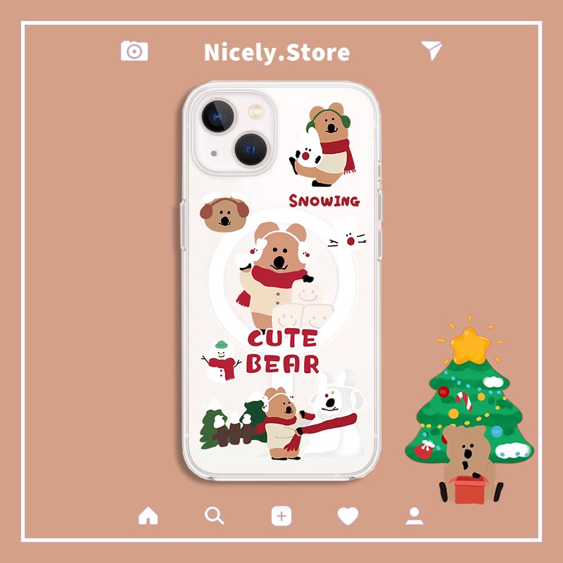 可愛的冬季聖誕節柿子椒熊無線充電透明手機殼兼容蘋果iPhone 15 14 Plus 13 12 Pro Max 11