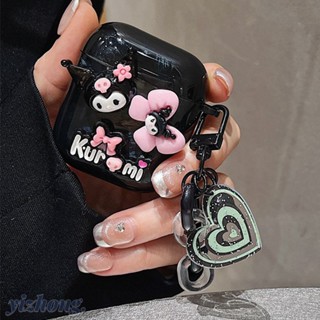 Airpods 4 Pro 2 3 1 可愛 3D Kuromi 粉色蝴蝶結裝飾軟 TPU 黑色防震耳機保護套帶防丟愛心