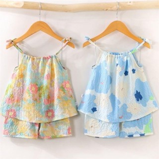 QINN Toddler Baby Kids Girls 時尚服裝套裝油畫風格吊帶 T 恤上衣 + 短褲 2PCS/Se