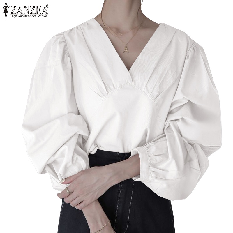 Zanzea 女式韓版時尚 V 領燈籠袖寬鬆純色襯衫