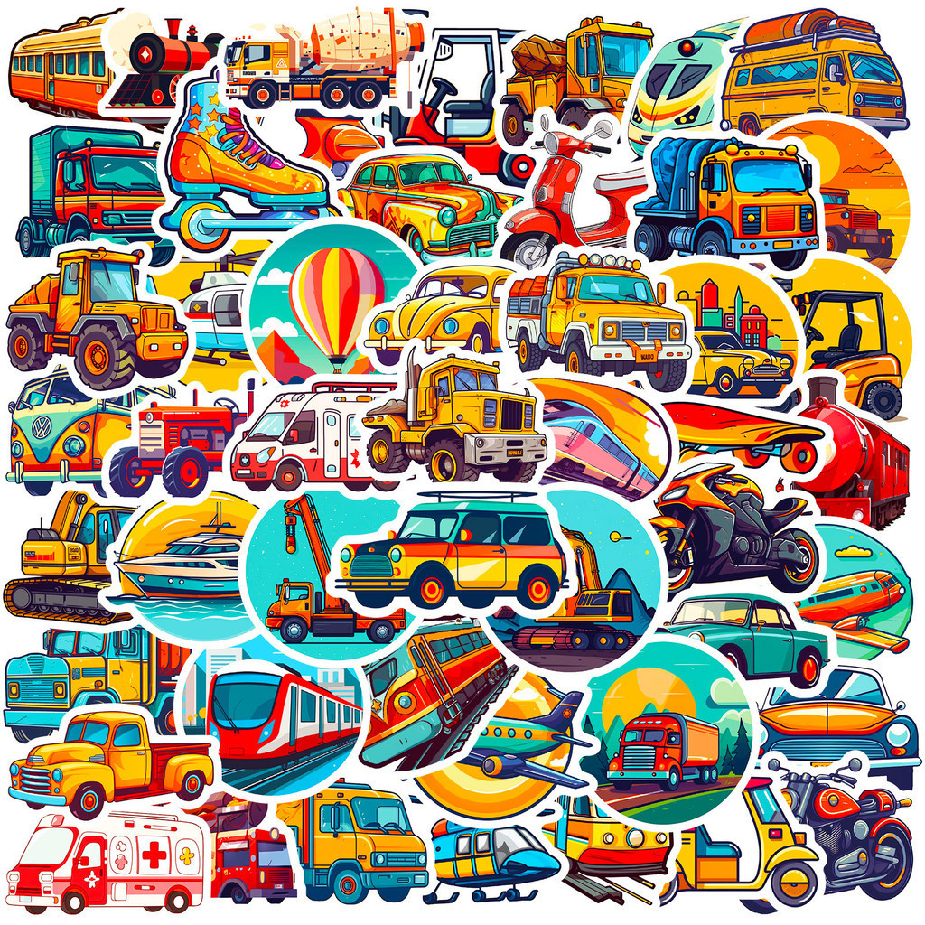 50張卡通交通工具貼紙兒童玩具認知啟蒙教育交通工具工程車貼畫