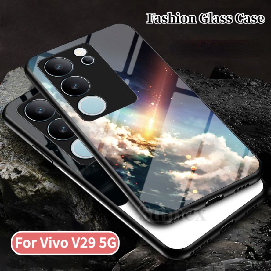 時尚星空外殼 hp Vivo V29 V29E 5G 手機殼防震硬鋼化玻璃後蓋適用於 Vivov29 V2250 Vev