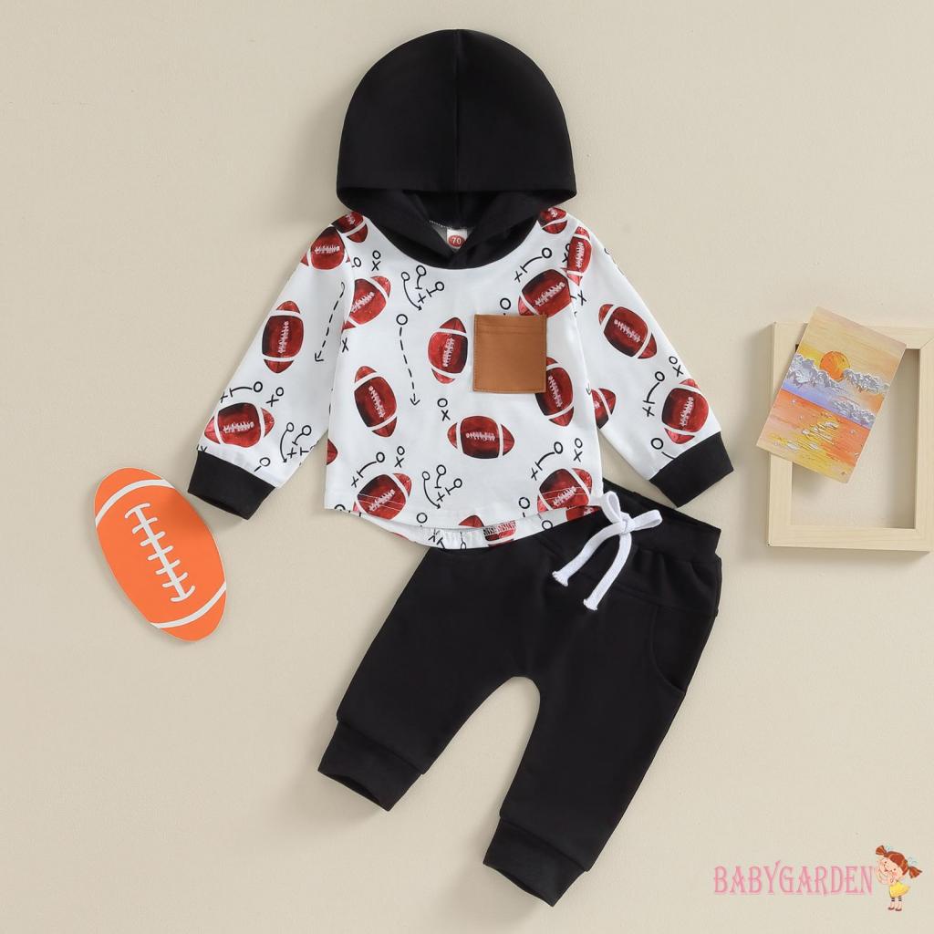 Baga-2 件套衣服 0-3 歲男嬰橄欖球印花長袖連帽衛衣 + 鬆緊褲
