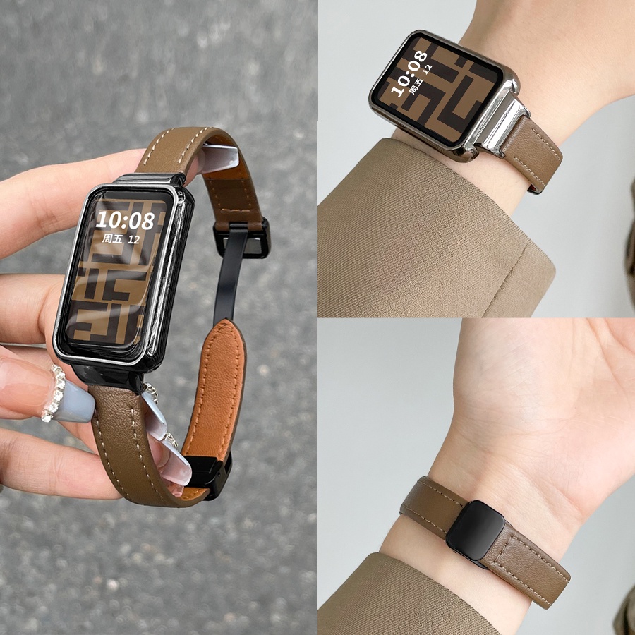 小米手環8 Active 小米7Pro 皮質錶帶 Redmi 手環 Pro 折疊扣+金屬框 華為OPPO手環 錶帶