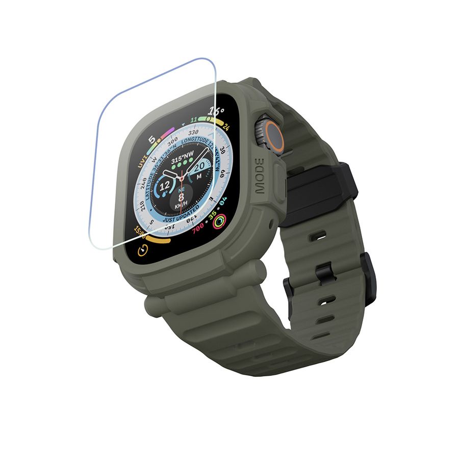 elkson Apple Watch Ultra 49mm Quattro Pro2.0柔韌透氣TPU一體成形軍規錶帶+鋼化膜套組/ 炭綠 eslite誠品