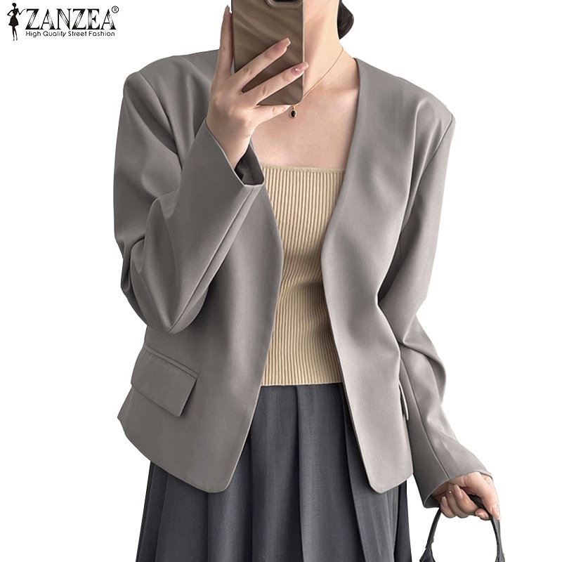 Zanzea 女式韓版 V 領長袖裝飾口袋翻蓋西裝外套