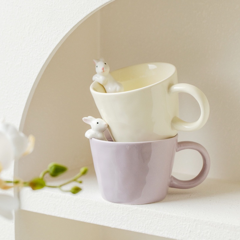 Spring Lemon可愛兔子陶瓷拿鐵咖啡杯  莫蘭迪色馬克杯帶手把 創意水杯子附手把 燕麥牛奶杯 泡茶杯 350ml