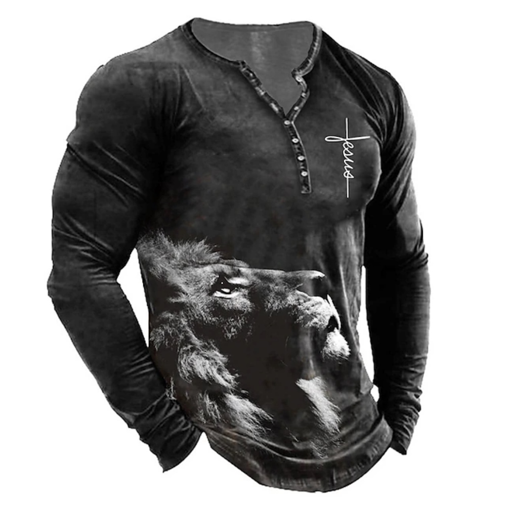 復古 T 恤男士獅子 T 恤 3d Biker 長袖 T 恤超大動物上衣 T 恤男士朋克街頭服飾