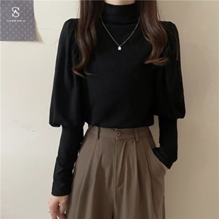 雙面德絨法式復古泡泡袖上衣女 秋季上新 保暖半高領上衣 秋冬長袖T恤 韓版寬鬆純色打底衫 休閒百搭內襯