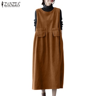 Zanzea 女式韓版燈芯絨休閒寬鬆圓領圍裙口袋背心中長連衣裙