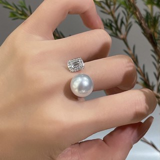 Bling ins輕奢小眾鑲鑽模擬淡水珍珠貝珠開口戒指女 簡約時尚百搭手飾品