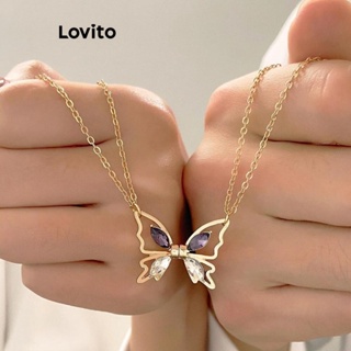 Lovito 學院派蝴蝶圖案鏤空情侶款磁吸水鑽線項鍊女式 LFA09781