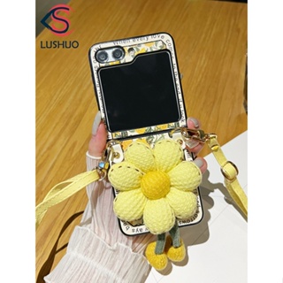 SAMSUNG Lushuo 手機殼適用於三星 Galaxy Z Flip 5 4 3 時尚黃色 3D 花朵帶絲綢手链