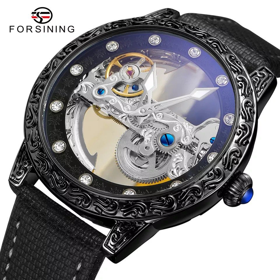 【現貨秒發】FORSINING富西尼鏤空男士全自動機械手錶夜光防水皮革錶帶手錶男 E2G1