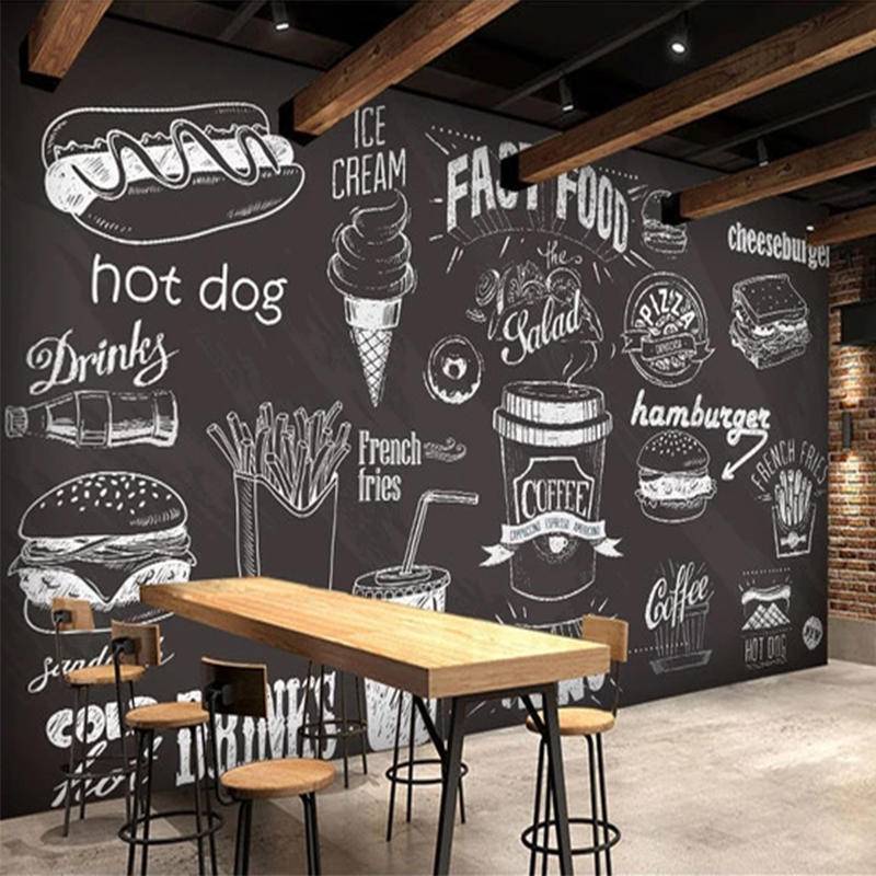 定制壁畫壁紙3d手繪黑板食物甜點快餐咖啡廳餐廳背景牆紙家居裝飾貼紙