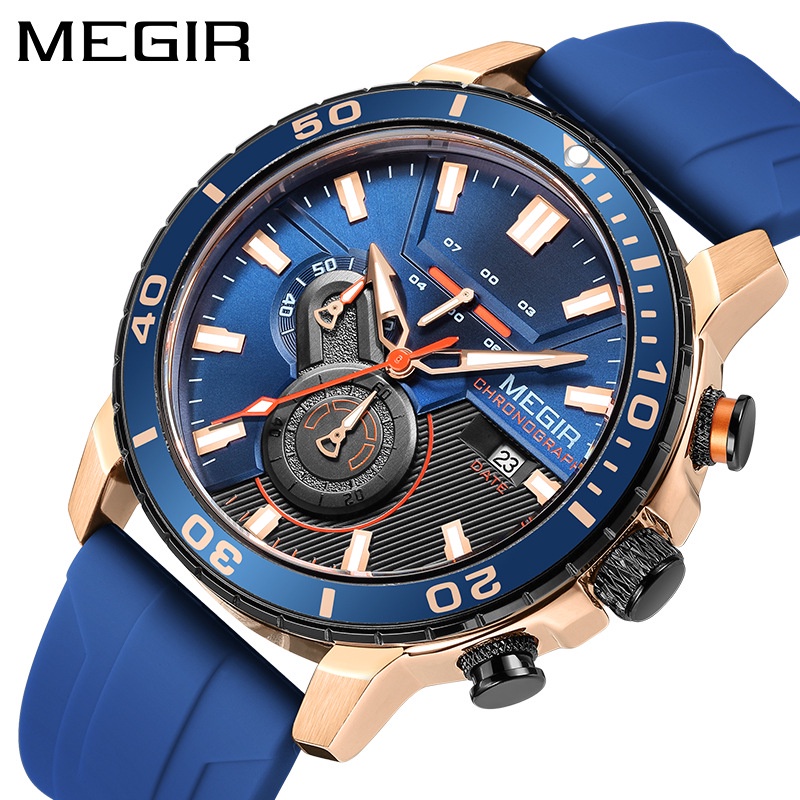 Megir新款男士手錶時尚潮流矽膠多功能時間碼手錶防水發光運動手錶男士2224g