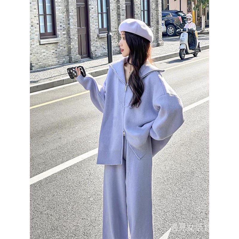 韓版慵懶風運動服套裝女秋冬新款時尚拉鏈針織毛衣開衫休閒兩件套