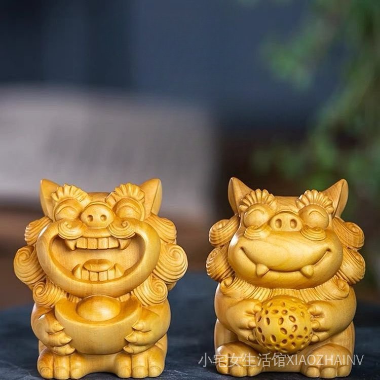 黃楊木雕獅子實木雕刻擺件，風獅爺鎮宅招財裝飾工藝品，搬家喬遷新居禮物