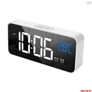 臥室 LED 數位鬧鐘 帶溫度計的電子鐘 2 個鬧鐘 貪睡功能 4 級亮度 鏡面時鐘 USB 充電