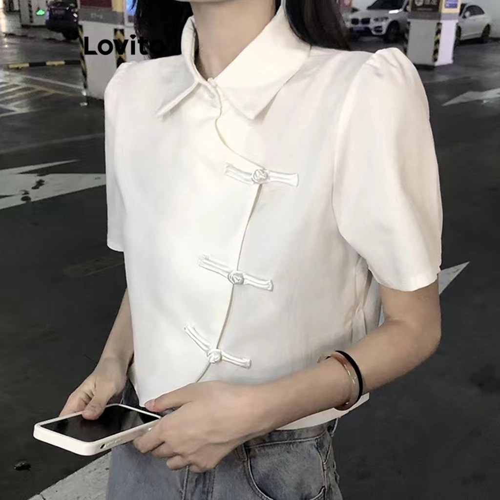 Lovito 女士休閒純色不對稱襯衫 LNE36072 (白色/黑色)