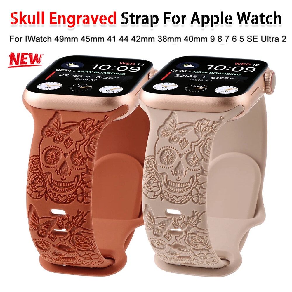 骷髏雕刻錶帶矽膠運動手鍊兼容 Apple Watch Ultra2 49mm 45 44 40 41 42 38mm i