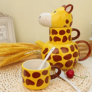 創意陶瓷杯子 可愛長頸鹿動物馬克杯 帶蓋情侶對杯 套裝禮物